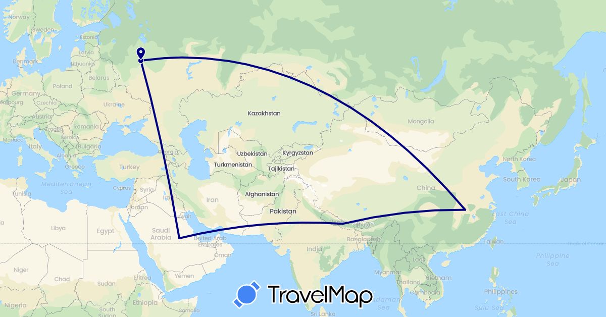 TravelMap itinerary: driving in China, Nepal, Russia, Saudi Arabia (Asia, Europe)